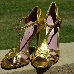 BCBG Max Azria Gold Metalic Leather MaryJane Strappy Spike Heel Sandal Shoes 8.5